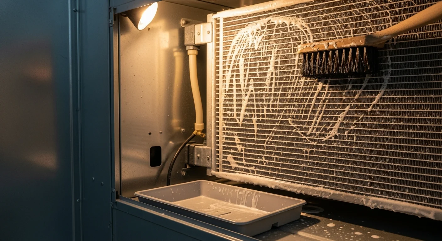 A technician from Jackson County Comfort Heating and Cooling cleaning a residential evaporator coil inside an air handler unit in a Lee's Summit, MO home. The coil fins are visible with cleaning solution applied, and a condensate drain pan sits below the unit.