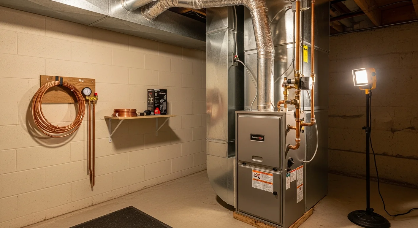A newly installed furnace unit in the utility room of a single-family home in Lee's Summit, MO, with clean venting connections and a digital thermostat visible on the wall. A Jackson County Comfort Heating and Cooling technician inspects the gas line connections during the post-installation safety check.