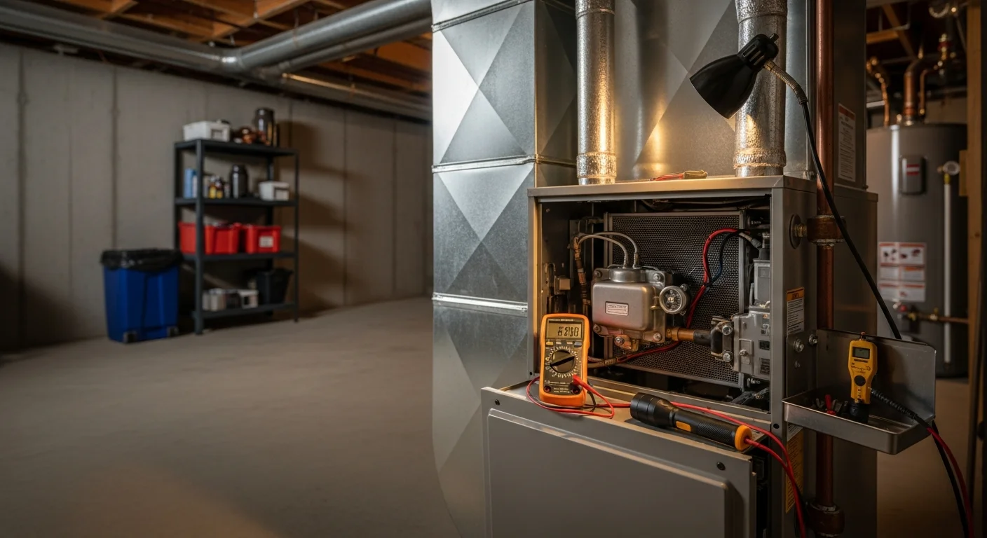 A licensed HVAC technician inspecting the heat exchanger and burner assembly inside a gas furnace during a maintenance visit at a residential home in Lee's Summit, MO. The furnace is located in a basement utility area with the access panel removed for servicing.