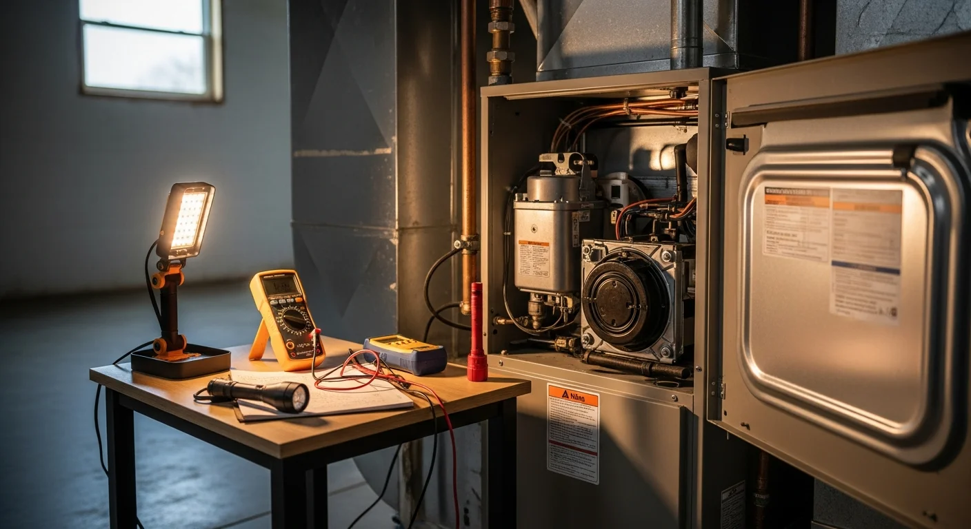 A heating contractor inspecting the interior components of a residential gas furnace in a Lee's Summit, MO home. The technician examines the heat exchanger and burner assembly during a furnace repair service call.