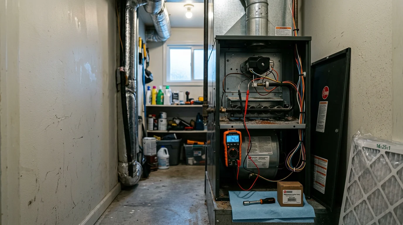 An HVAC technician inspecting the interior components of a gas furnace inside a Lee's Summit, Missouri home. The technician examines the burner and heat exchanger area during a furnace service call.