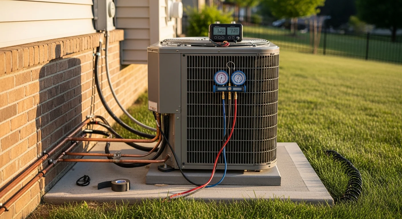 A newly installed residential heat pump outdoor unit sitting on a level concrete pad beside a home in Lee's Summit, MO. The unit is connected to refrigerant lines running into the house, with a clean, finished installation visible along the exterior wall.