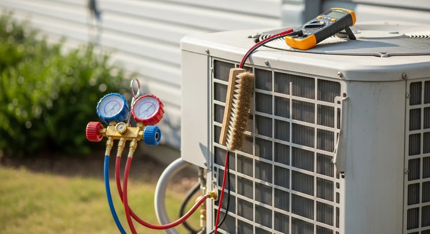 A heating contractor technician inspecting the outdoor unit of a residential heat pump at a home in Lee's Summit, MO. The technician checks coil condition and electrical connections during a seasonal maintenance visit.