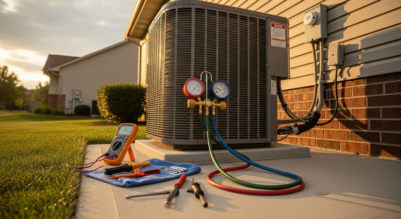 A Jackson County Comfort Heating and Cooling technician inspecting the outdoor heat pump unit at a residential home in Lee's Summit, Missouri. The technician checks refrigerant lines and electrical connections on a split-system heat pump installed beside a suburban house.
