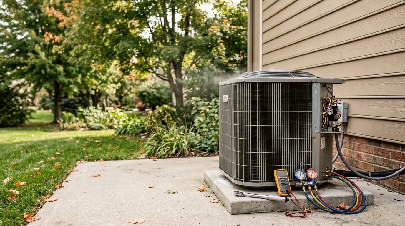 A technician inspecting the outdoor unit of a residential heat pump at a home in Lee's Summit, Missouri. The image shows the technician checking electrical connections and coil condition during a service call.