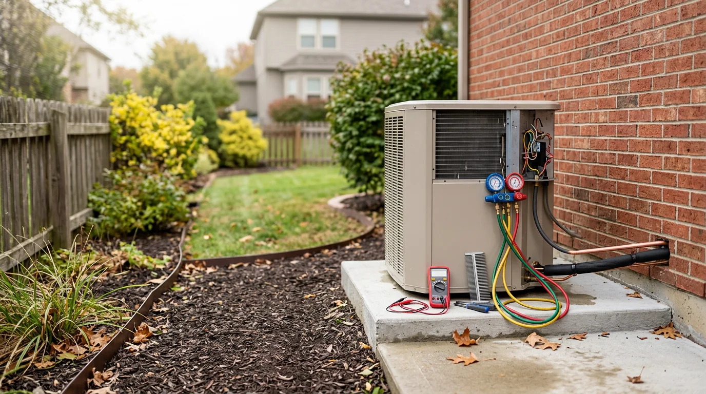 A heat pump outdoor unit installed beside a residential home in Lee's Summit, Missouri, with a technician from Jackson County Comfort Heating and Cooling performing a service inspection.