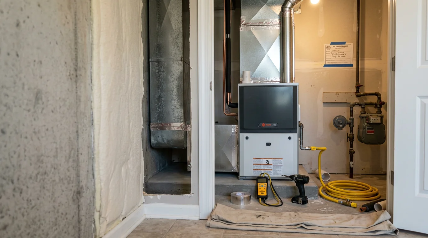 A technician from Jackson County Comfort Heating and Cooling completing a heating system installation in a residential home in Lee's Summit, Missouri. The image shows the installed indoor heating unit in a utility area with clean connections and tidy workmanship.