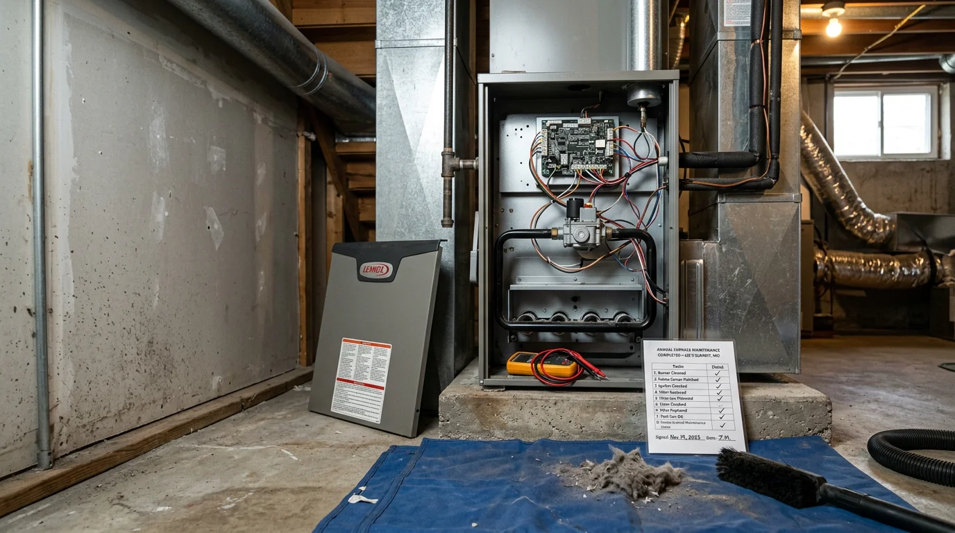 An HVAC technician inspecting and servicing a residential furnace during a heating system maintenance visit in Lee's Summit, Missouri. The technician checks internal components with the furnace panel open in a home utility room.