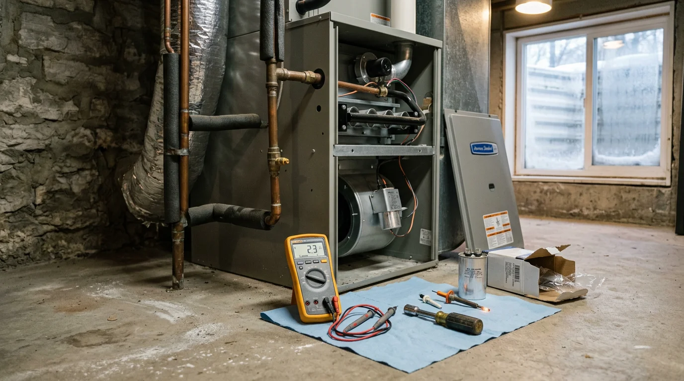 An HVAC technician inspecting a gas furnace inside a residential home in Lee's Summit, Missouri. The technician checks internal components including the heat exchanger and blower motor during a heating system repair visit.