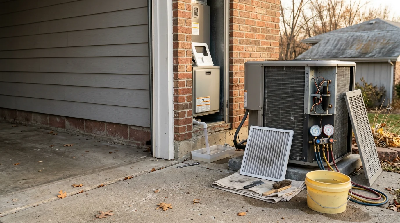 An HVAC technician inspecting and cleaning the indoor air handler unit of a residential heating and cooling system in a Lee's Summit, Missouri home. The technician checks coils and electrical connections during a routine maintenance visit.