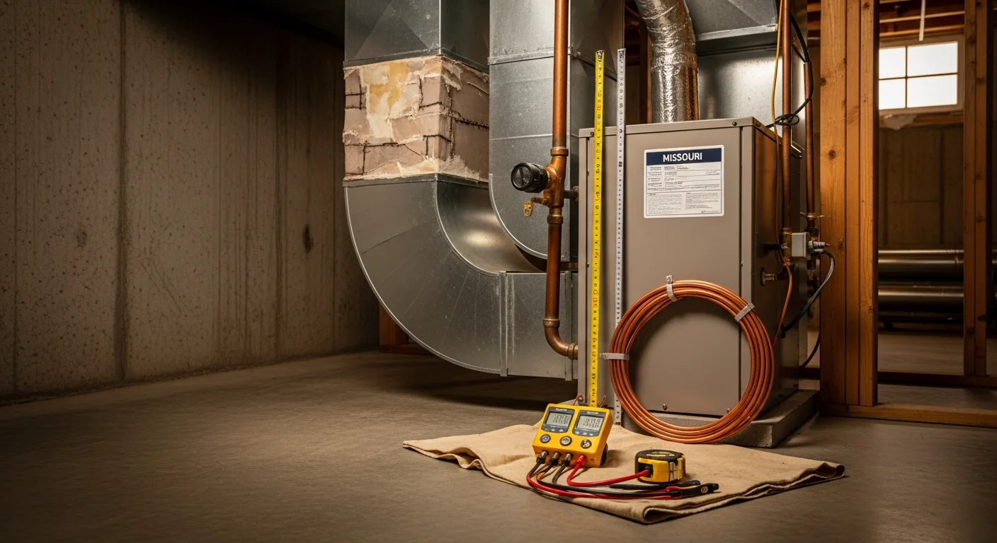 A newly installed residential HVAC system with a clean outdoor condenser unit beside a Lee's Summit, MO home. A Jackson County Comfort Heating and Cooling technician checks the indoor air handler connections after completing the full system replacement.