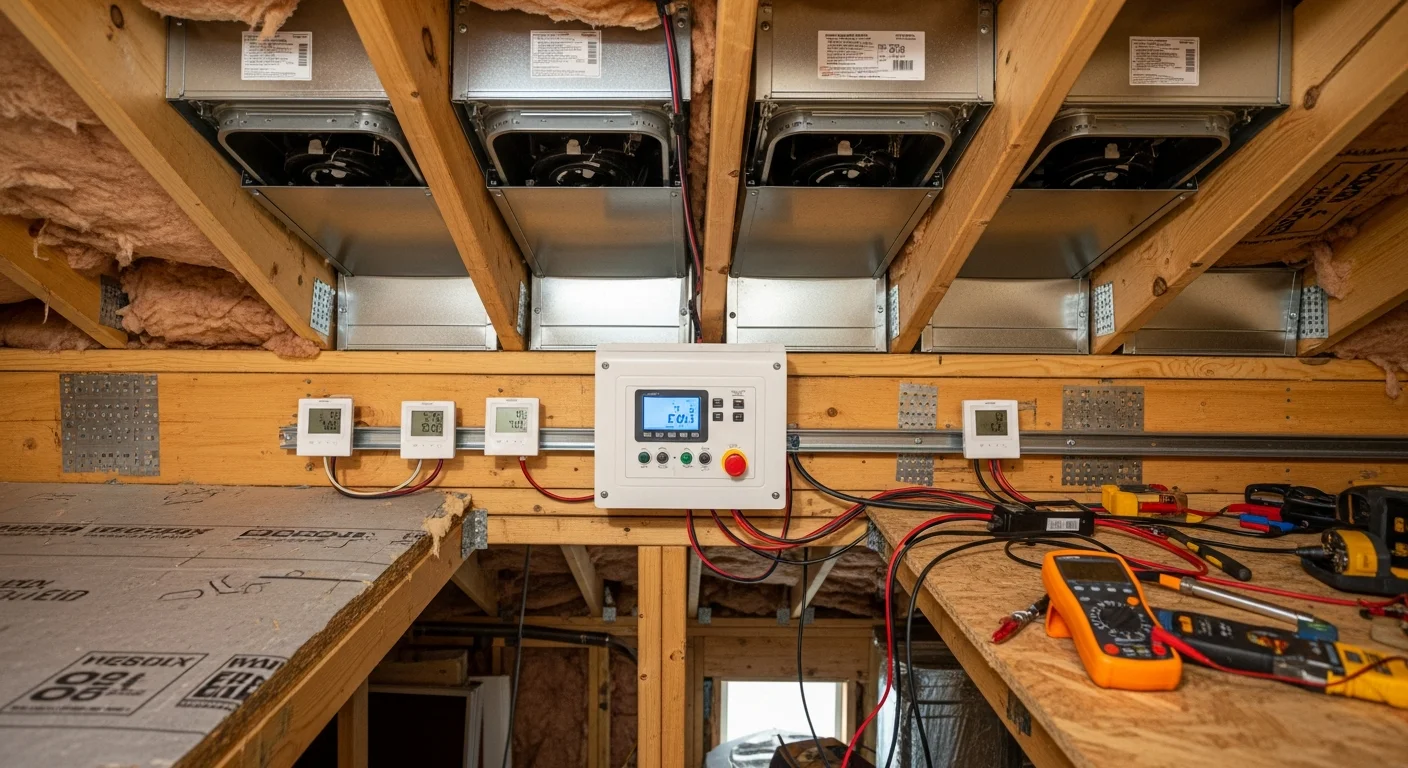 A Lee's Summit, MO home interior showing a wall-mounted zone thermostat with a duct damper control panel visible in an open mechanical closet. An HVAC technician from Jackson County Comfort Heating and Cooling adjusts the zoning control board during a residential installation.