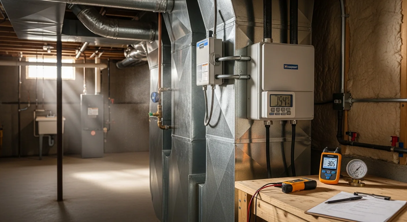 A Jackson County Comfort Heating and Cooling technician inspecting a whole-home air filtration unit connected to an HVAC system inside a Lee's Summit, MO residence. The image shows the technician reviewing the filtration housing and ductwork connections in a utility room.