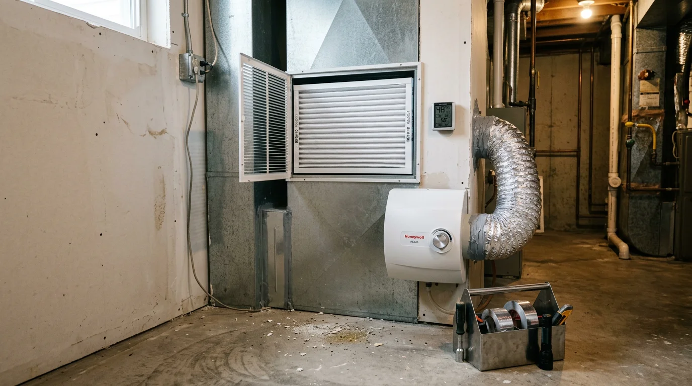 An HVAC technician inspecting a residential air handler and filter in a Lee's Summit, Missouri home as part of an indoor air quality assessment. The image shows the interior ductwork access panel open with a technician reviewing airflow and filtration components.
