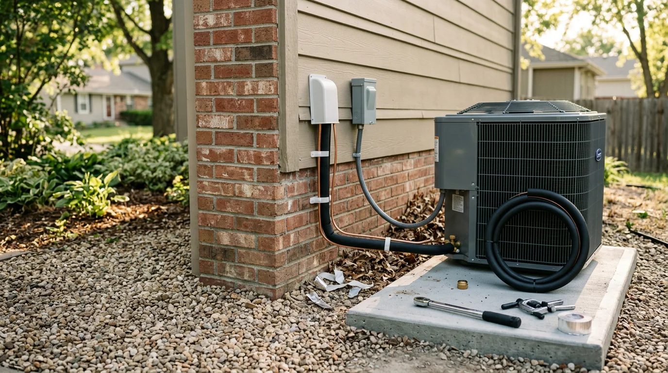 A new central air conditioning unit installed on a concrete pad beside a residential home in Lee's Summit, Missouri. A technician checks the system connections on a clear summer day.