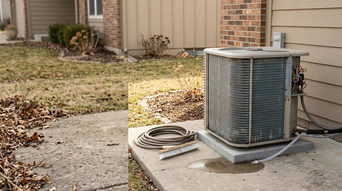 An HVAC technician inspecting and cleaning the indoor air handler unit inside a Lee's Summit, Missouri home during a seasonal maintenance visit. The technician checks electrical connections and blower components as part of a routine tune-up.
