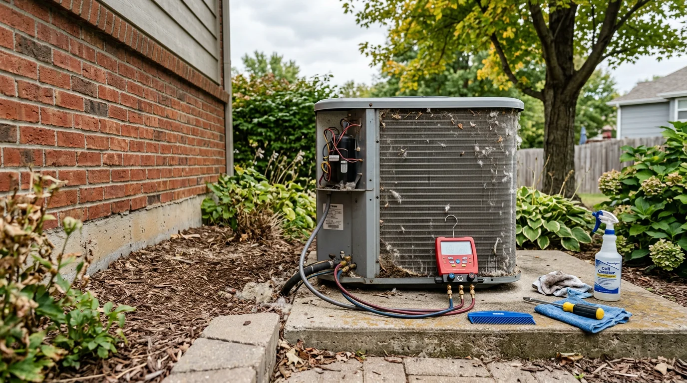 An HVAC technician inspecting and cleaning the indoor air handler unit inside a residential home in Lee's Summit, Missouri. The technician checks electrical connections and coil condition during a routine maintenance visit.