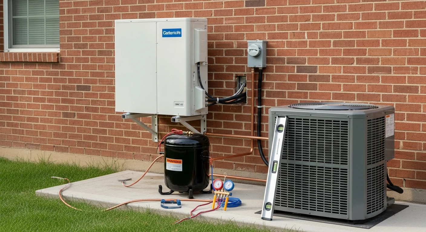 A wall-mounted mini split air handler installed in a residential room in Lee's Summit, MO, with the outdoor compressor unit placed on the side of the home. The indoor unit sits high on the wall above a window, showing a clean professional installation by Jackson County Comfort Heating and Cooling.