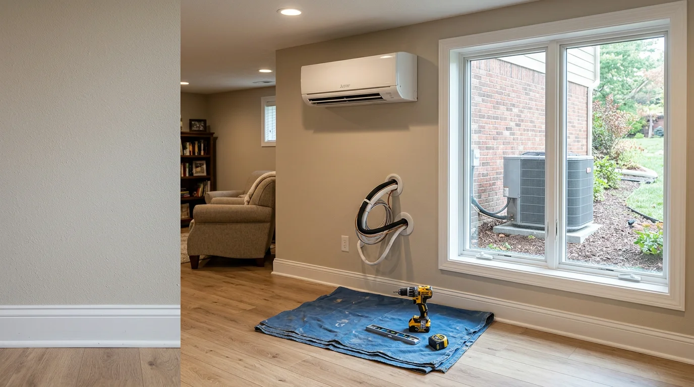A wall-mounted mini split indoor head unit installed in a finished basement in Lee's Summit, Missouri, with the compact outdoor condenser unit visible through a nearby window. The room shows no visible ductwork, illustrating a ductless installation in a Kansas City metro home.