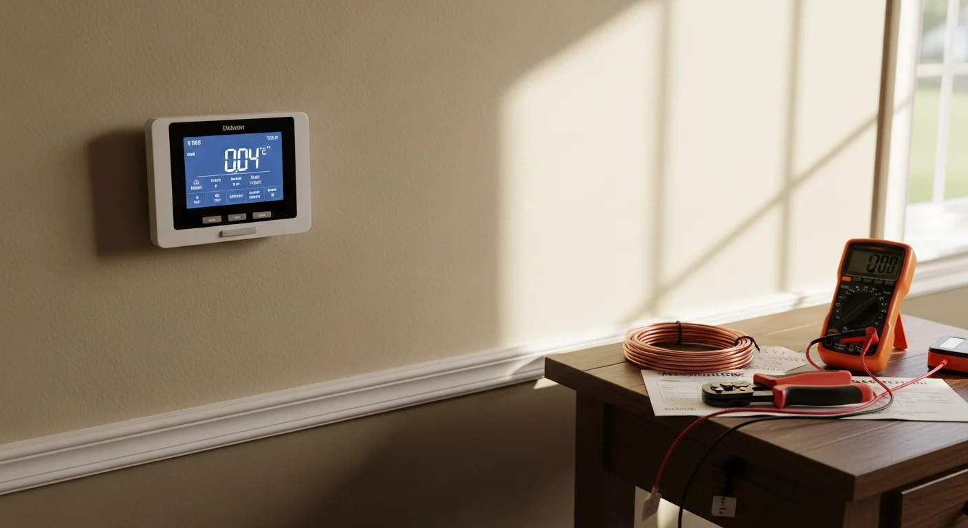A newly installed programmable thermostat mounted on an interior wall of a Lee's Summit, MO home, with the digital display showing a set heating schedule. An HVAC technician from Jackson County Comfort Heating and Cooling stands nearby after completing the wiring and setup.