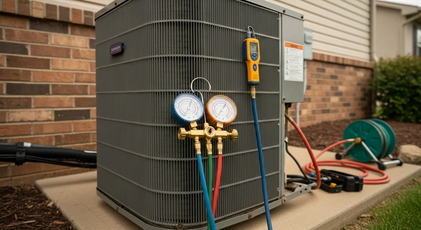 An HVAC technician connecting manifold gauges to the service valves on an outdoor AC condenser unit at a residential home in Lee's Summit, MO. The technician checks refrigerant pressure readings during a recharge service call on a hot summer day.