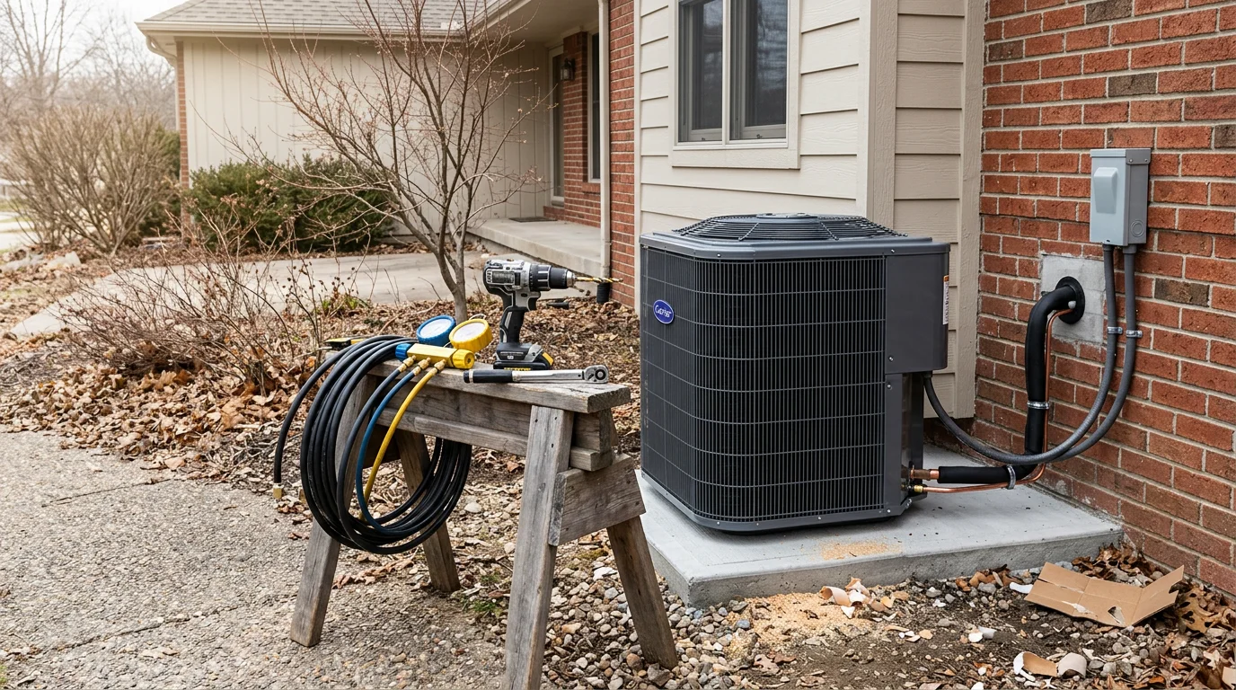 A residential HVAC system freshly installed on the side of a home in Lee's Summit, Missouri, with clean line sets and a properly leveled outdoor condenser unit on a concrete pad.