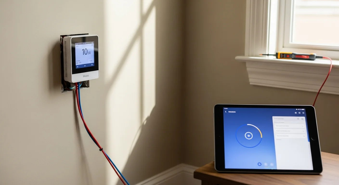 A smart thermostat mounted on an interior wall of a Lee's Summit, Missouri home, displaying temperature settings on a digital screen. An HVAC technician from Jackson County Comfort Heating and Cooling adjusts the device during a professional installation visit.
