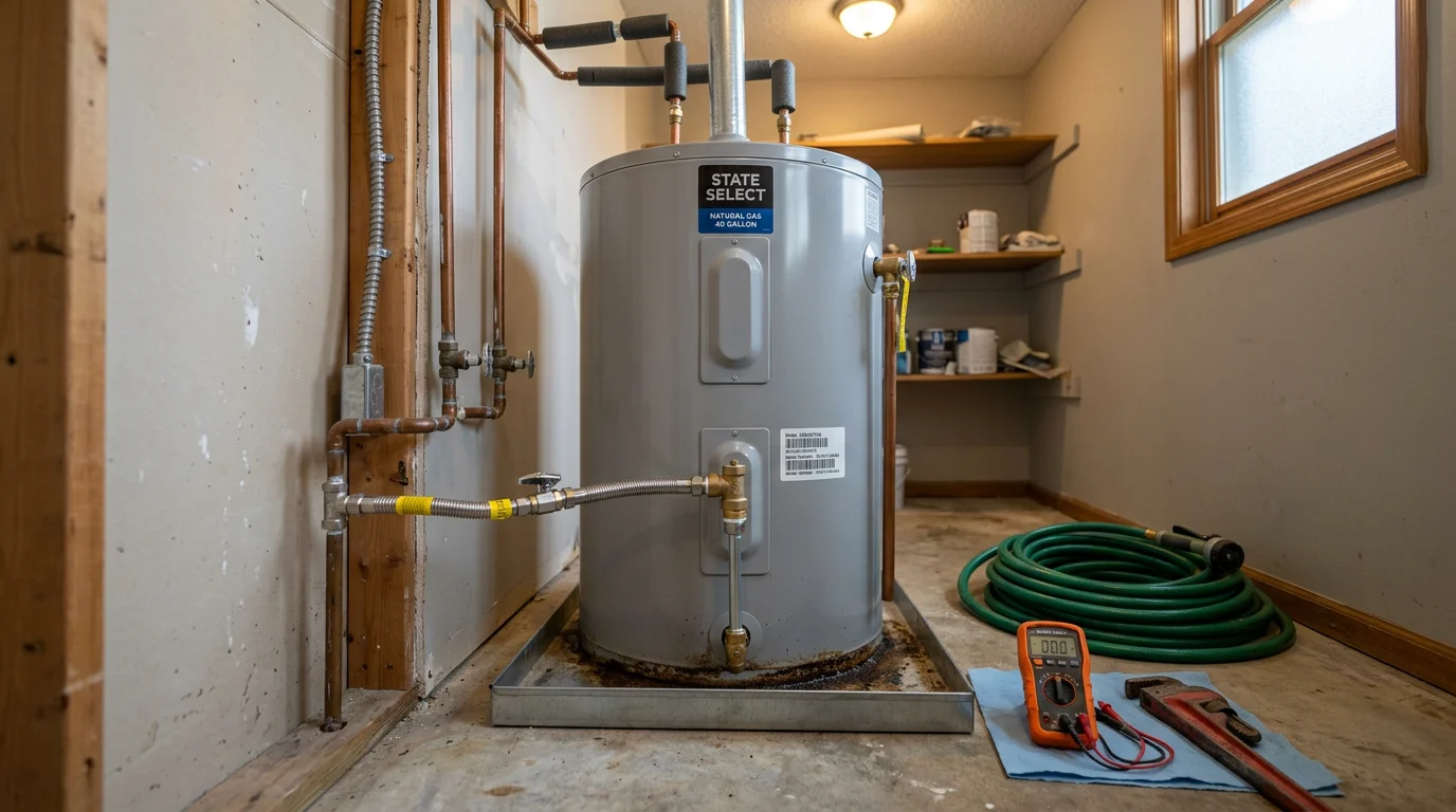 A technician inspecting a residential tank-style water heater in a utility room of a Lee's Summit, Missouri home. The image shows the unit, supply lines, and pressure relief valve during a service call.