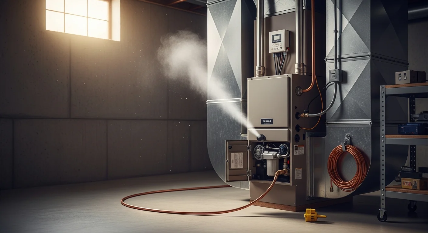 A whole home humidifier unit mounted to a residential furnace supply duct in a Lee's Summit home, with water supply line and humidistat wiring connected and ready for operation.